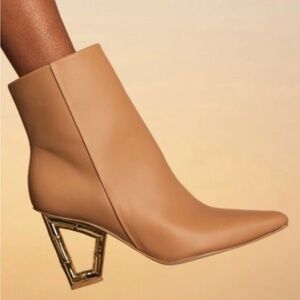 Cult Gaia Valeska Tan Camel Leather Bamboo Sculpted Pointed High Heel Boots